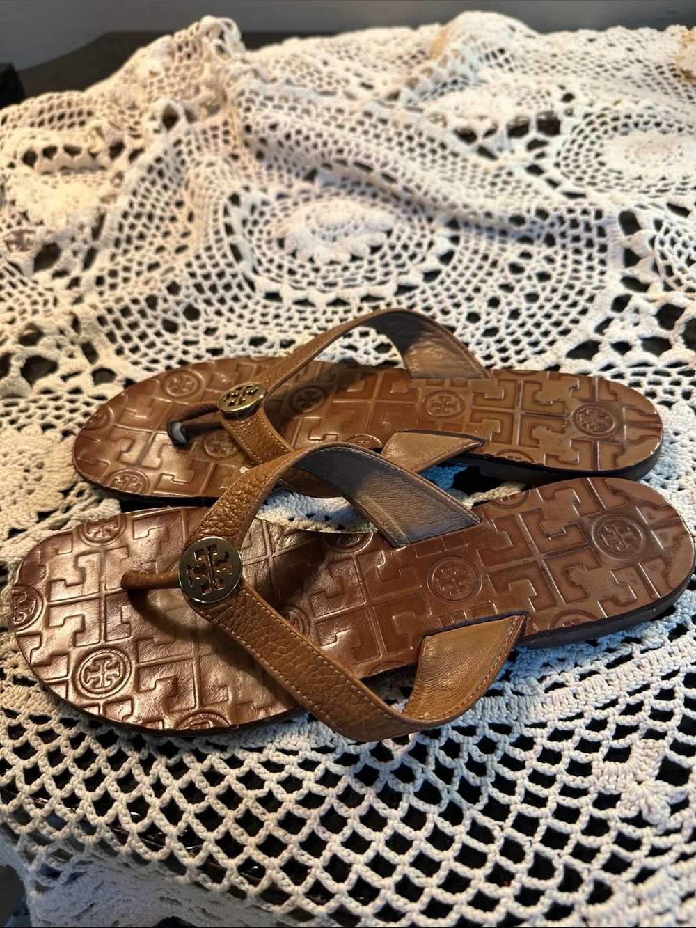 Tory Burch Brown Leather Logo Thong Sandals